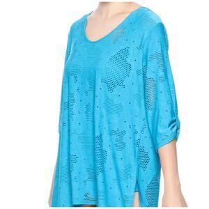 Clara Sunwoo Floral Eyelet Tunic Size Large 3/4 Sleeve Blue Slinky